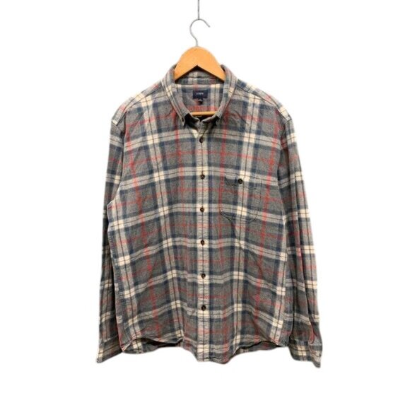 J.Crew Men’s XL Gray Red Tan Tartan Plaid Rugged Shirt Elbow Patch Button-Down - Picture 1 of 12